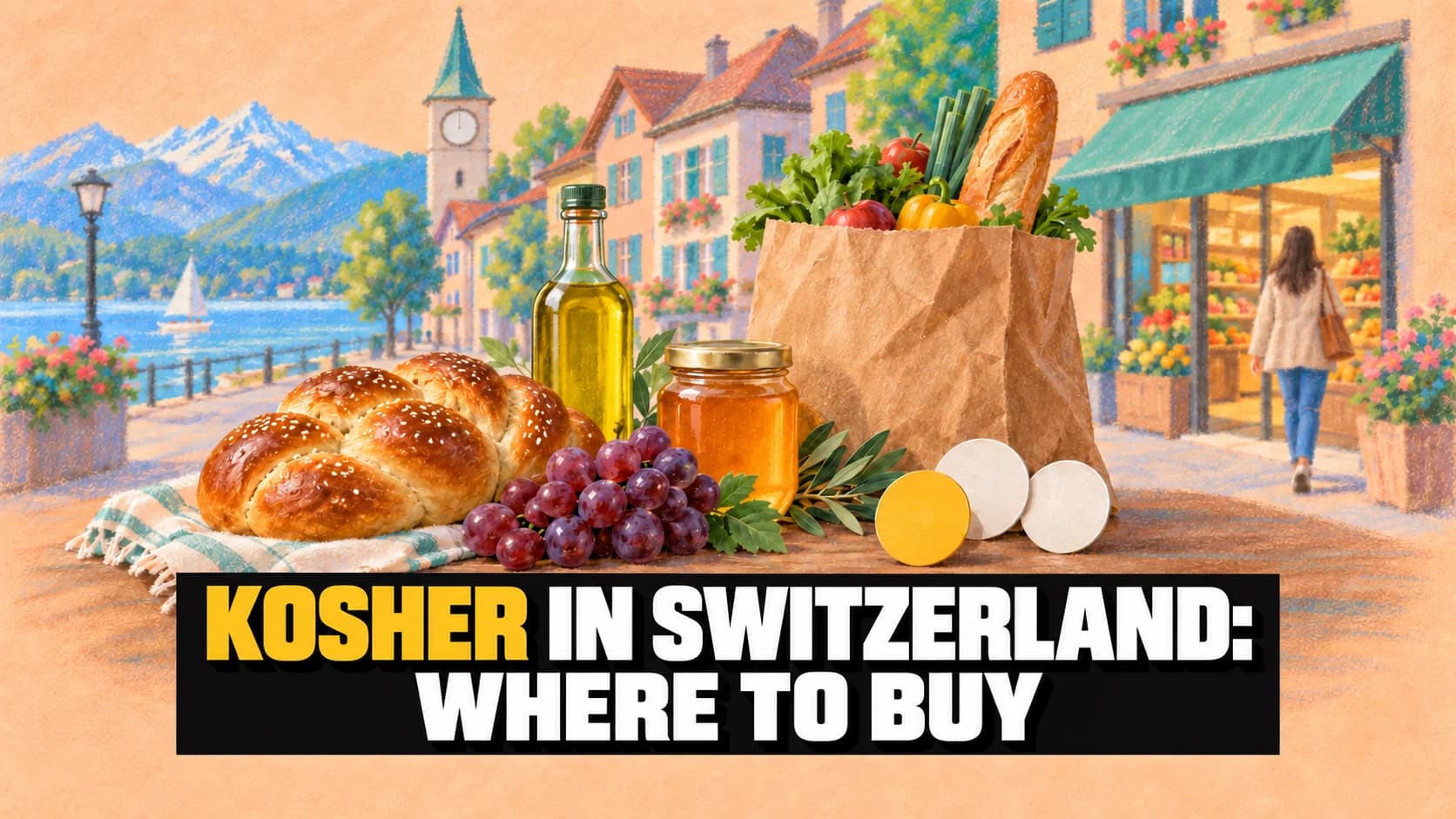 Chalk pastel illustration on apricot paper: a simplified Swiss street with braided bread, oil, honey and a shopping bag in the foreground.