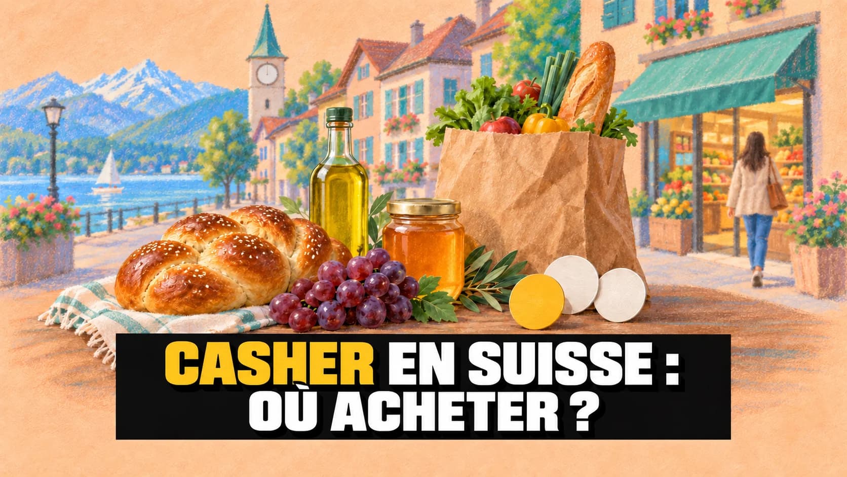 Illustration au pastel sur papier abricot : une rue suisse stylisée et, au premier plan, un pain tressé, de l’huile, du miel et un sac de courses.