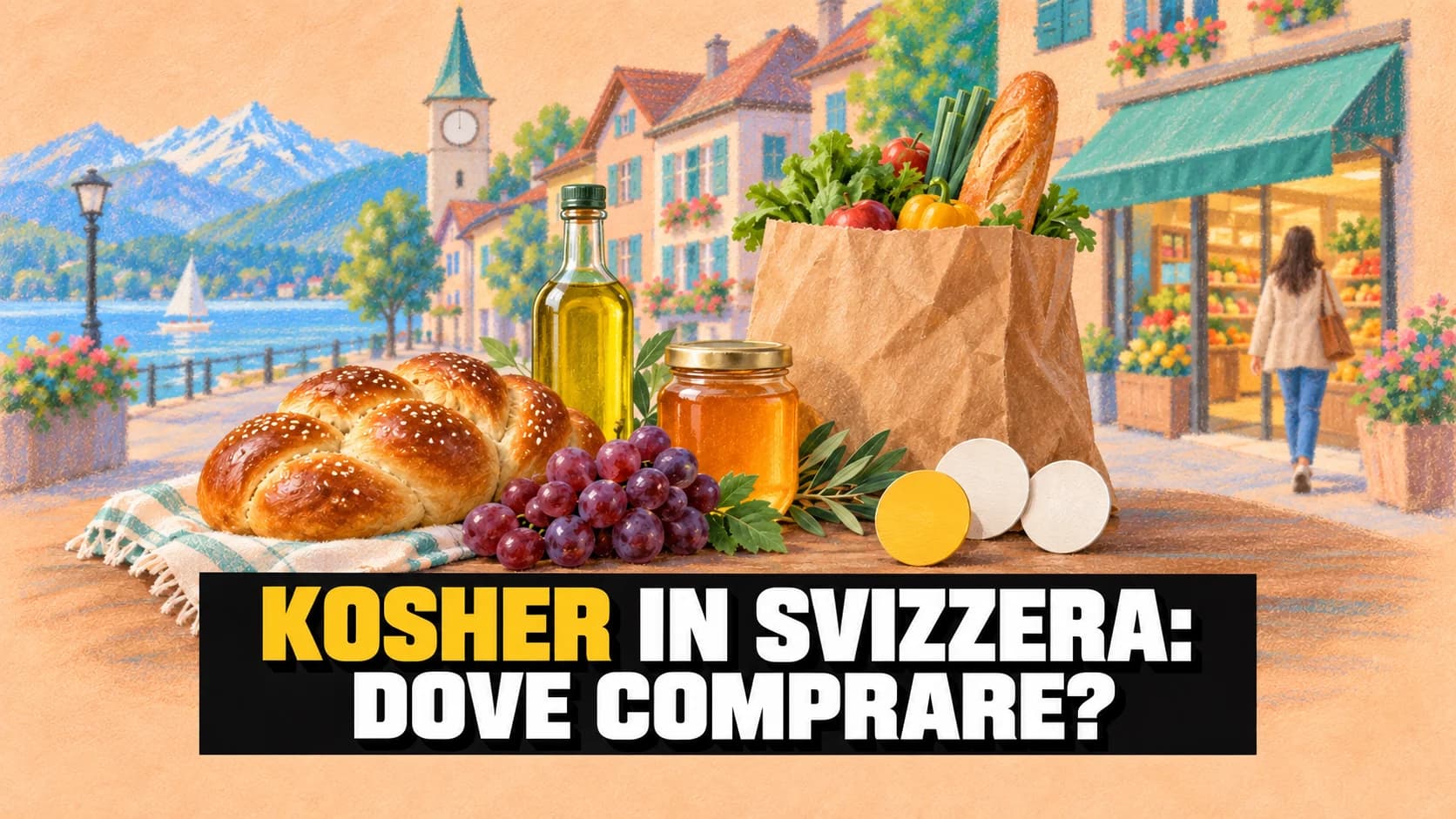 Illustrazione a pastello su carta albicocca: una via cittadina svizzera stilizzata e, in primo piano, pane intrecciato, olio, miele e una borsa della spesa.