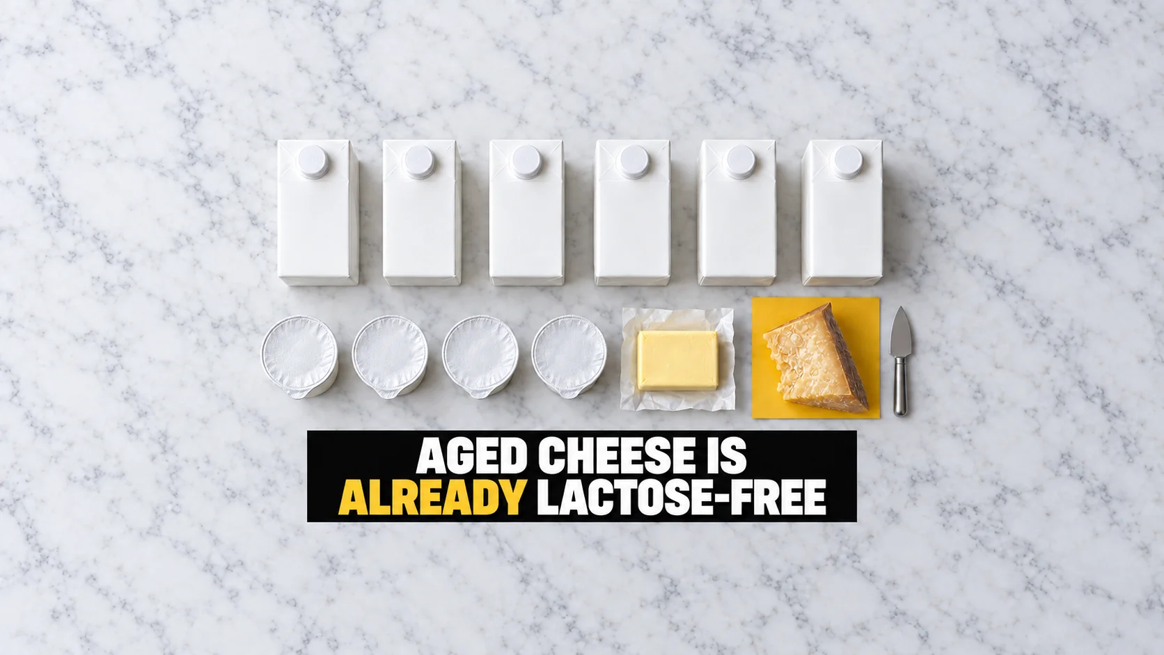 Flat lay on white marble with a grid of unbranded cartons and pots, and one wedge of aged cheese stepping out of line on yellow paper.