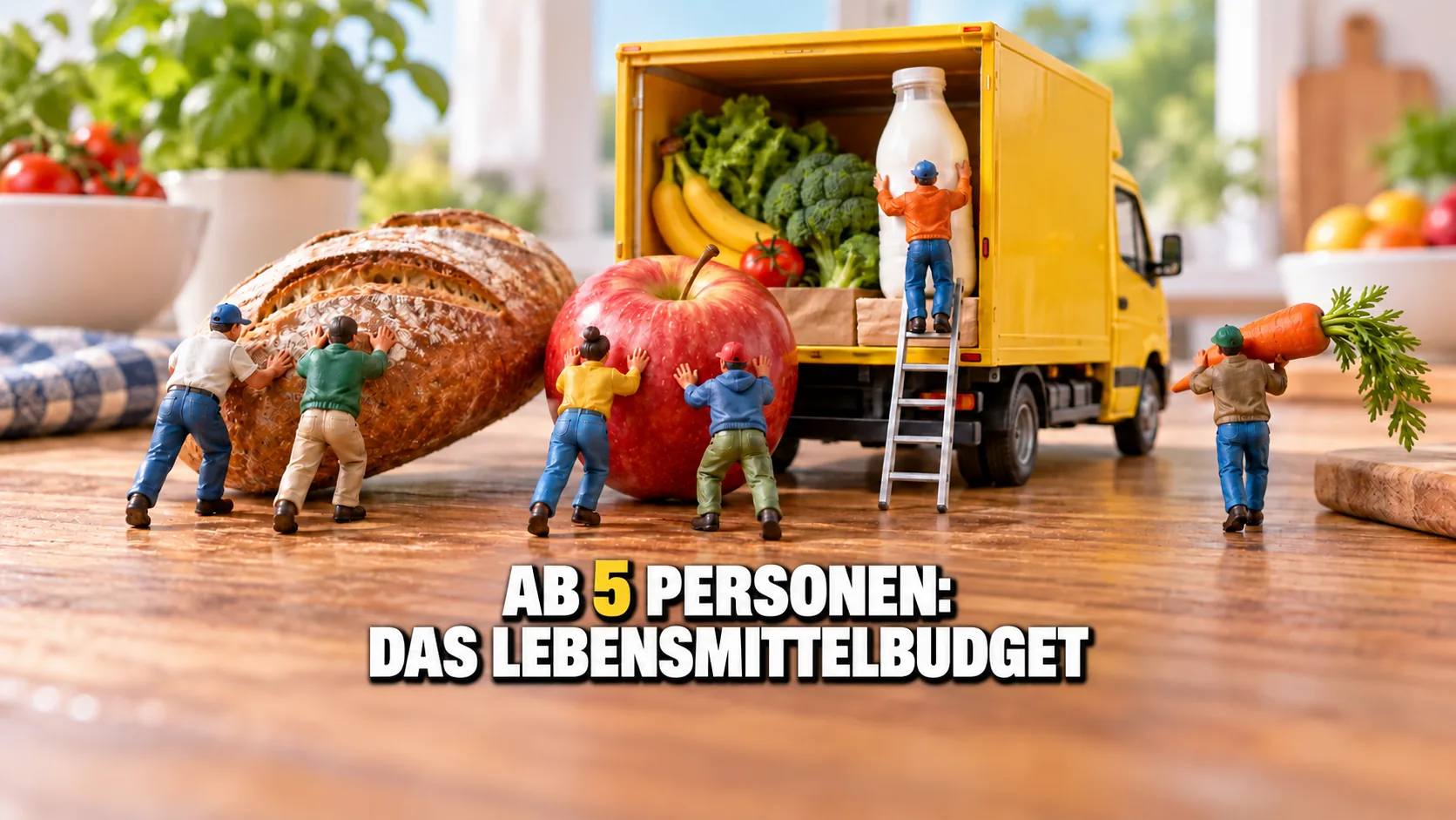 Miniaturfiguren laden riesiges Brot, einen Apfel, eine Karotte und Milch auf einen gelben Lieferwagen