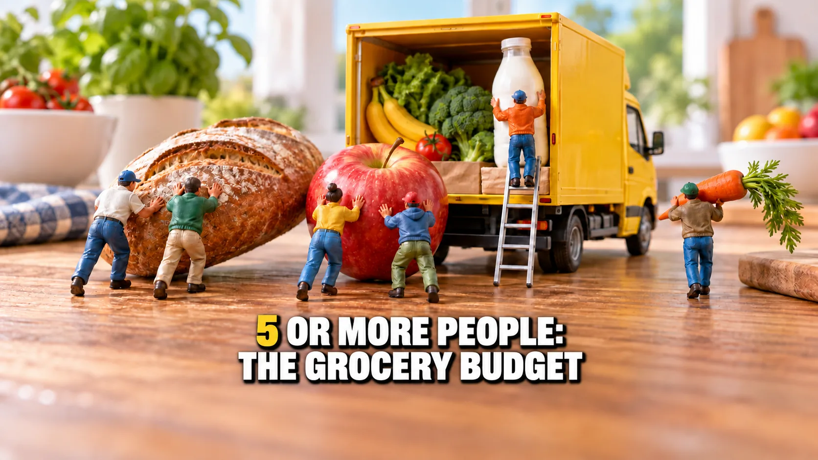 Miniature figures loading a giant loaf, apple, carrot and milk bottle onto a yellow delivery truck