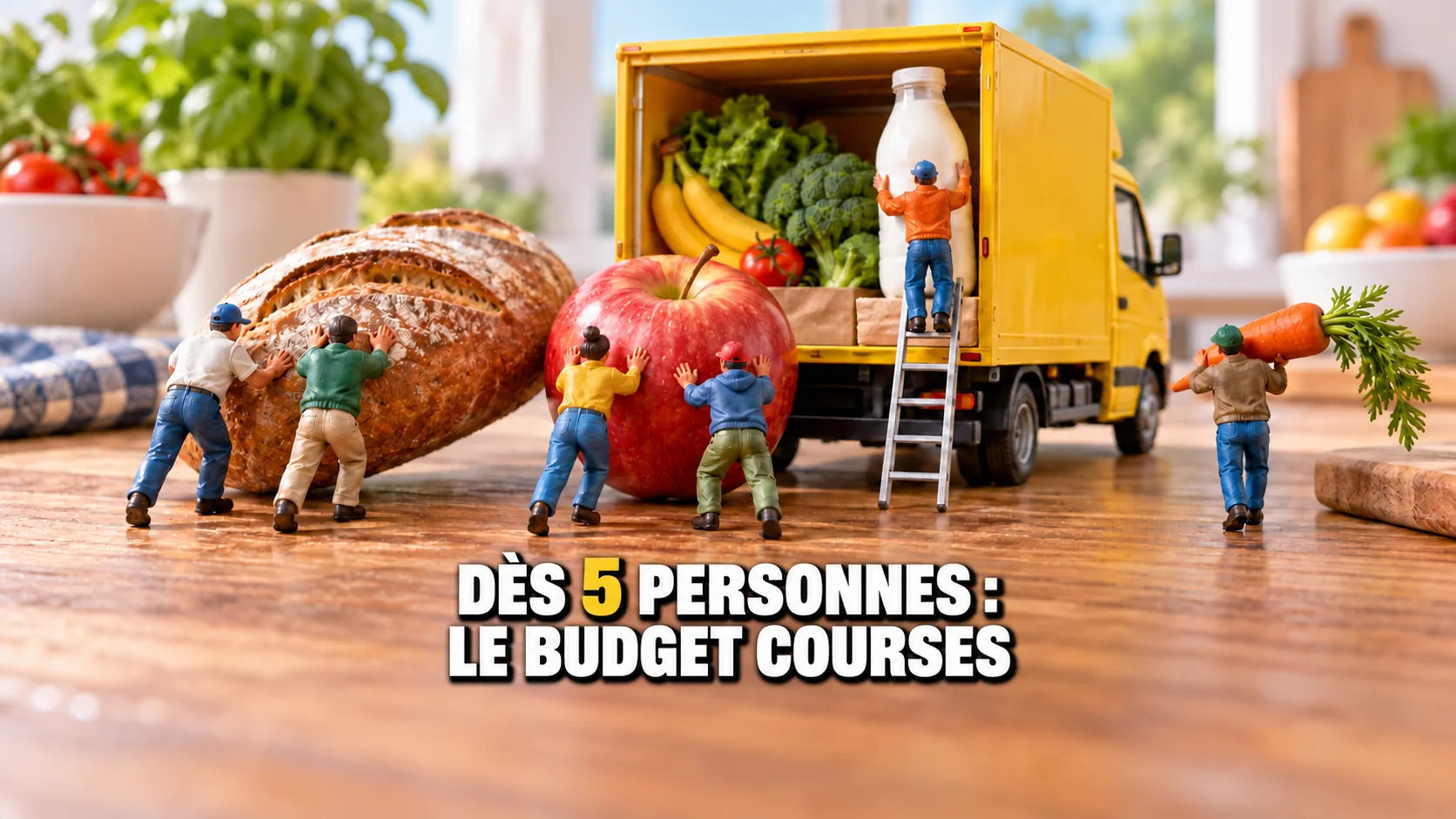 Figurines miniatures chargeant un pain, une pomme, une carotte et du lait géants sur une camionnette jaune