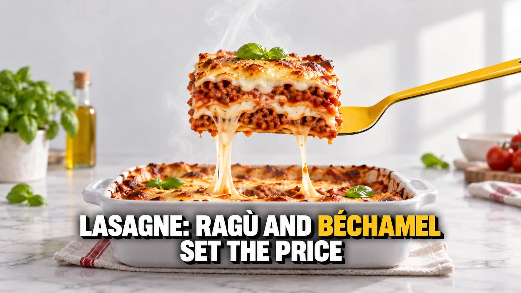 A macro shot of a lasagne slice lifted out with cheese strands stretching back to the dish