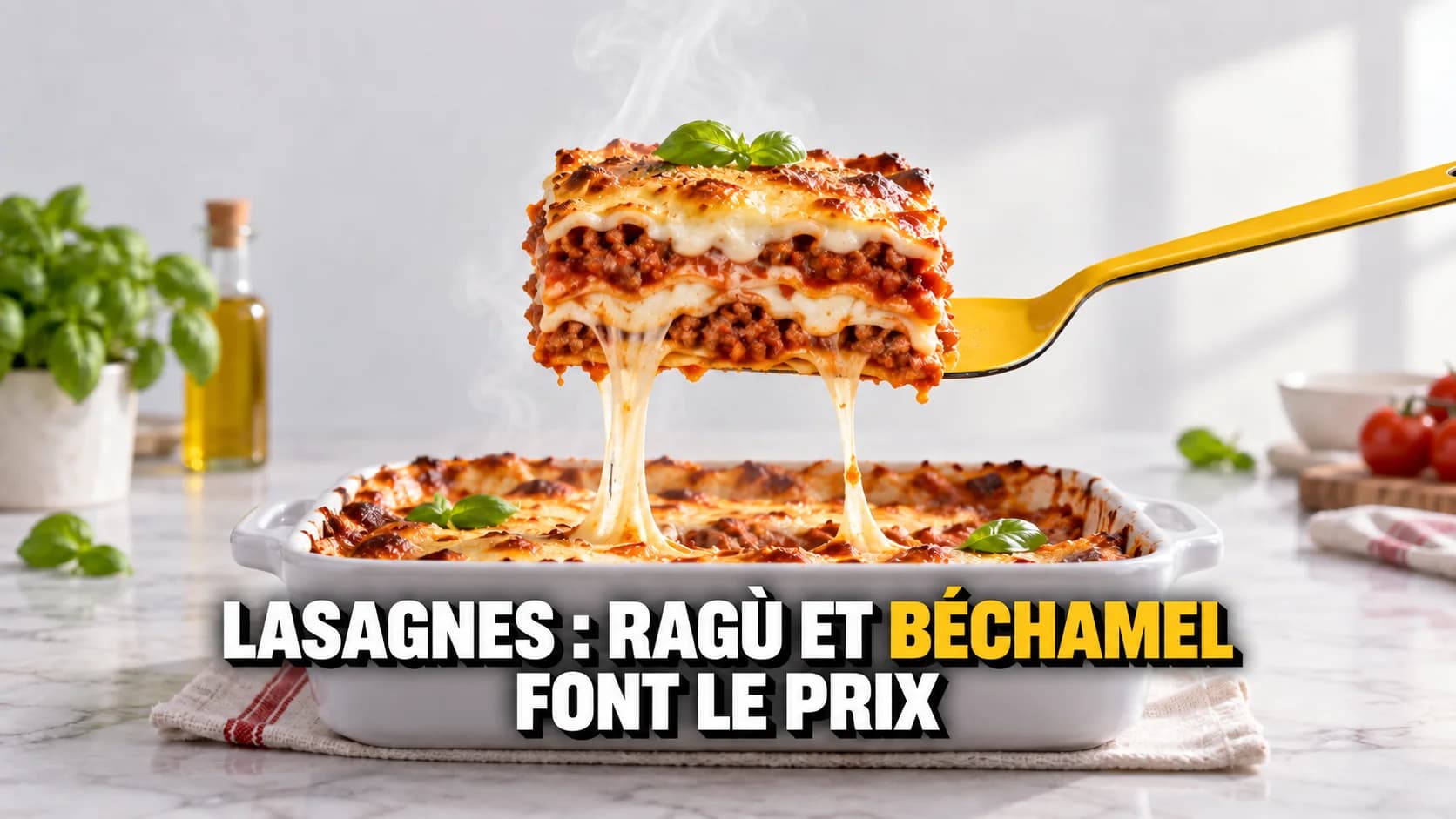 Macro d’une part de lasagnes soulevée, les fils de fromage tendus vers le plat