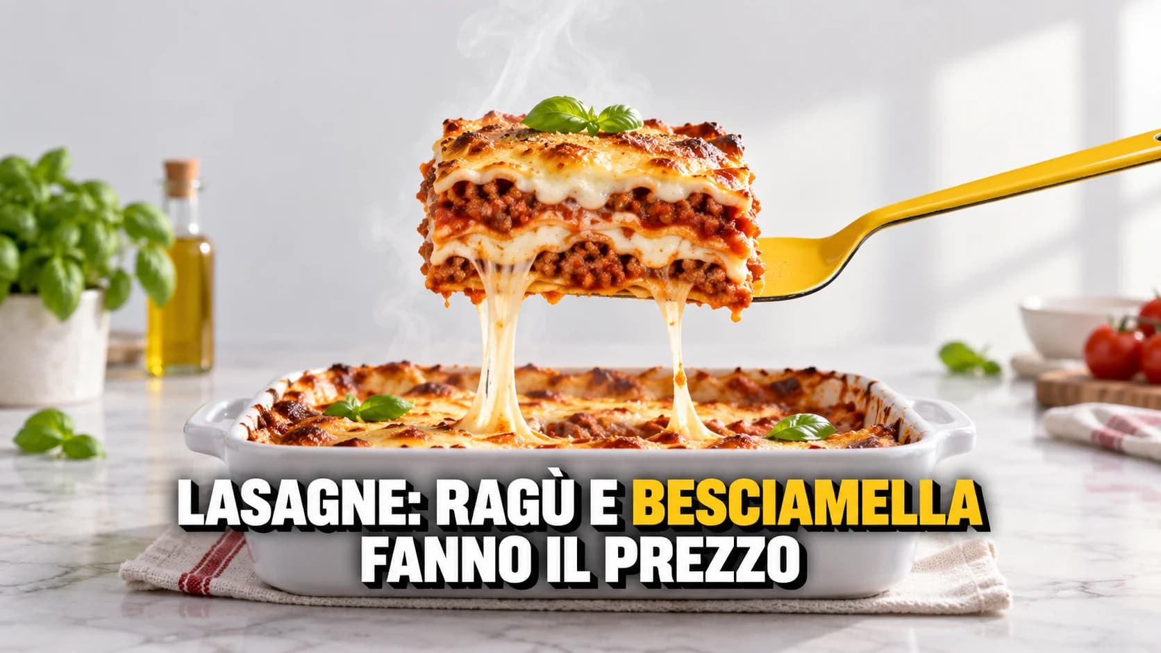 Macro di una porzione di lasagne sollevata con i fili di formaggio tesi verso la teglia