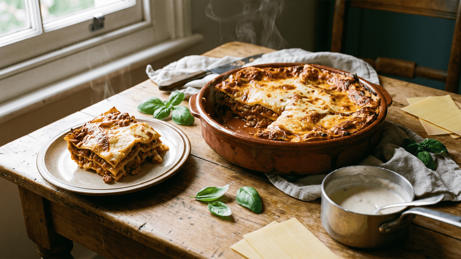 Lasagnes al forno fraîchement gratinées dans un plat, avec béchamel et fromage fondu, à côté des ingrédients viande hachée, tomates et plaques de pâte.