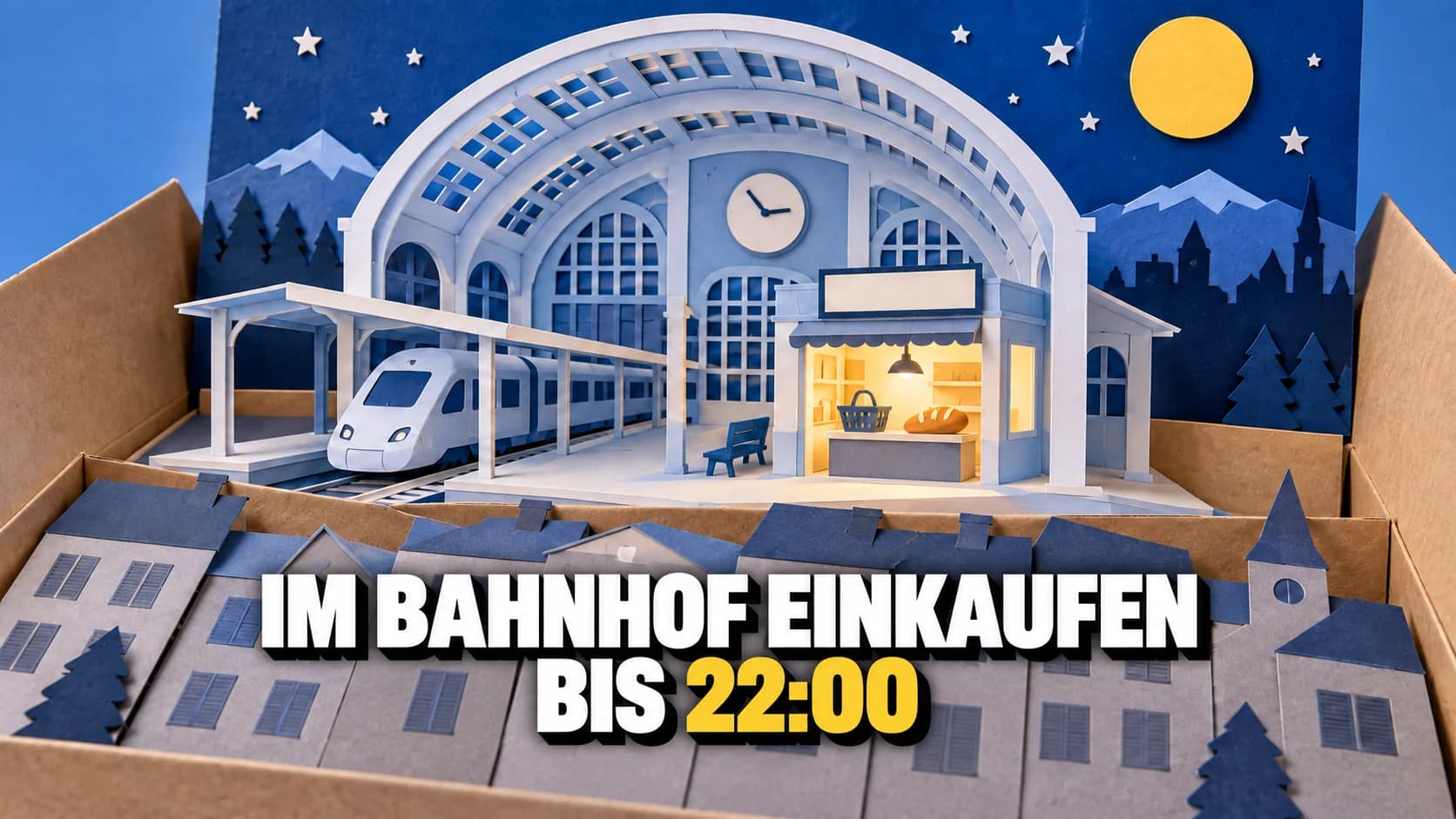 Papier-Pop-up eines Bahnhofs mit beleuchtetem Laden unter blauem Himmel und gelbem Mond.