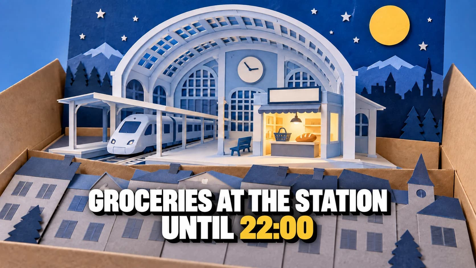 Paper pop-up station with a lit shop beneath a blue sky and yellow moon.