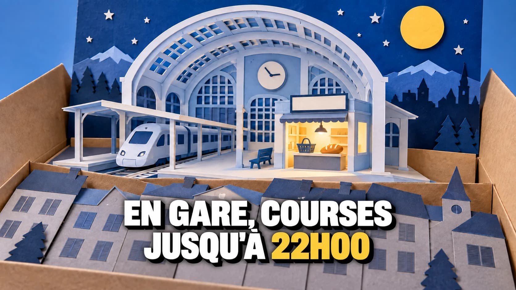 Gare en papier pop-up avec boutique éclairée sous un ciel bleu et une lune jaune.