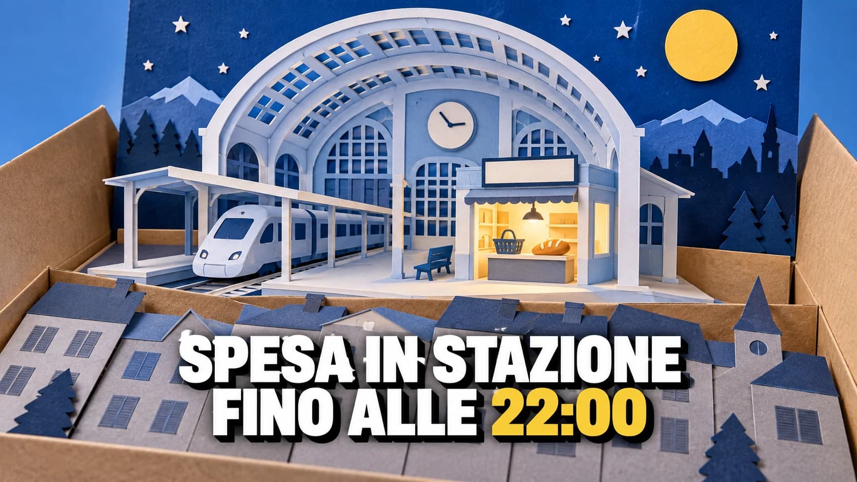 Scena pop-up di carta: un atrio di stazione con un piccolo negozio illuminato all'interno, cielo notturno blu con luna di carta gialla e case piegate in primo piano