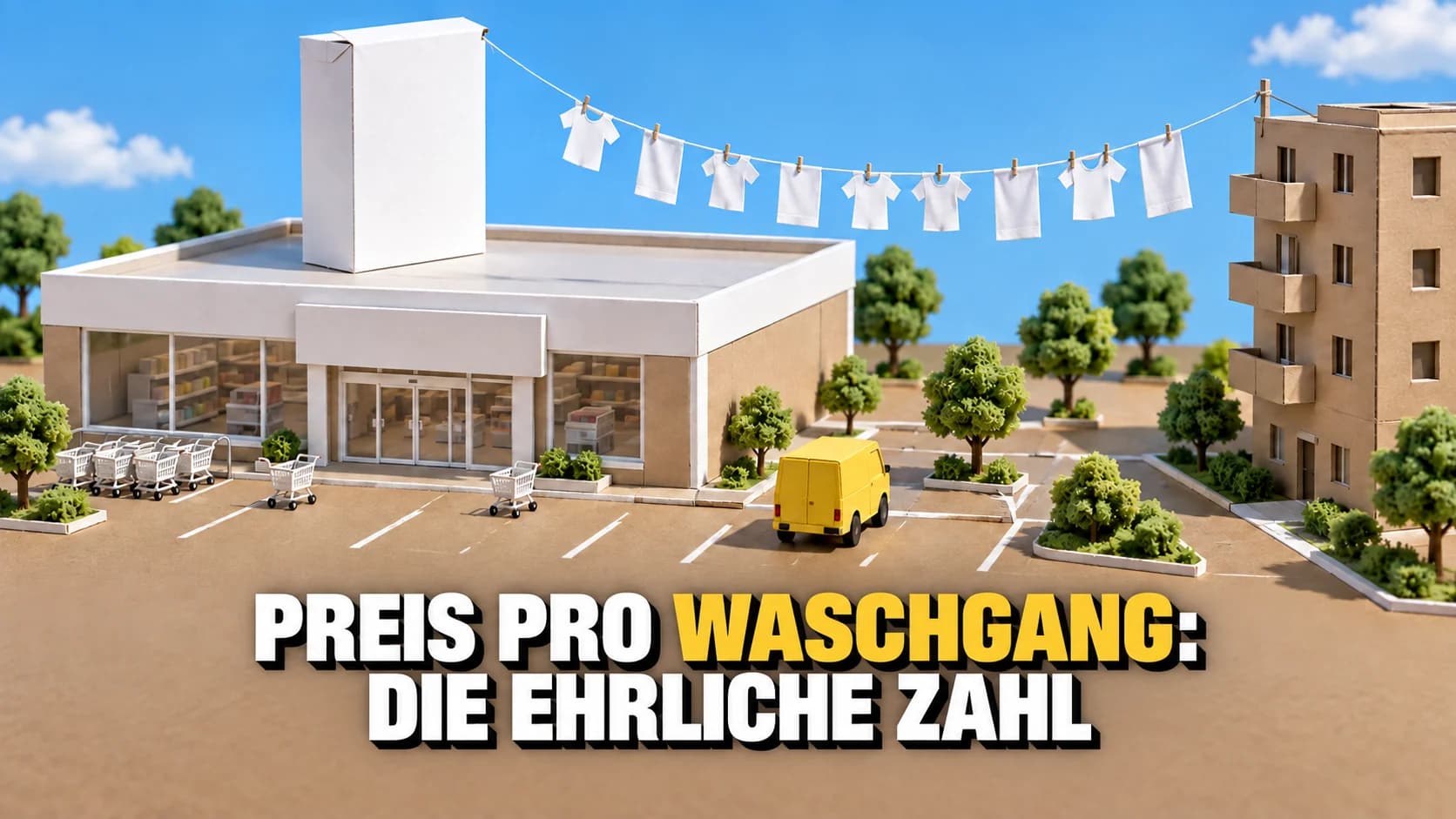 Kartonmodell eines neutralen Supermarkts mit grosser Waschmittelpackung und Papierhemden an einer Leine.