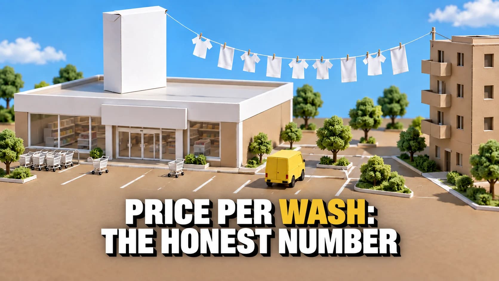 Generic cardboard supermarket model with a large detergent box and paper shirts on a line.