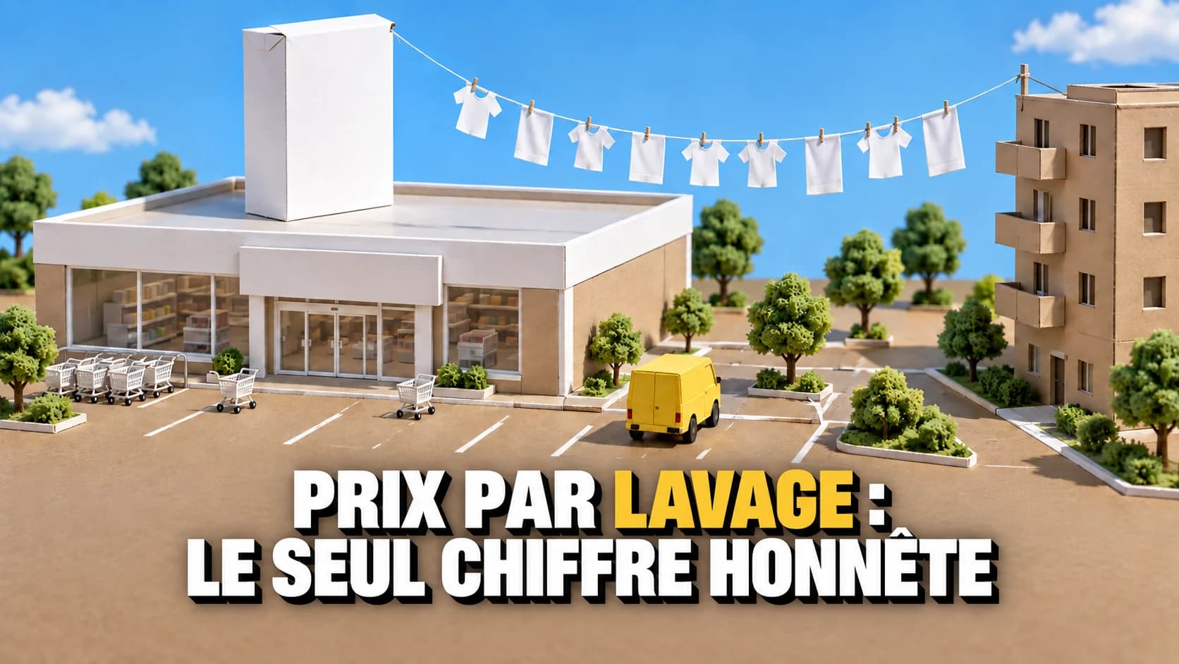 Maquette de supermarché neutre avec grande boîte de lessive et chemises en papier étendues.