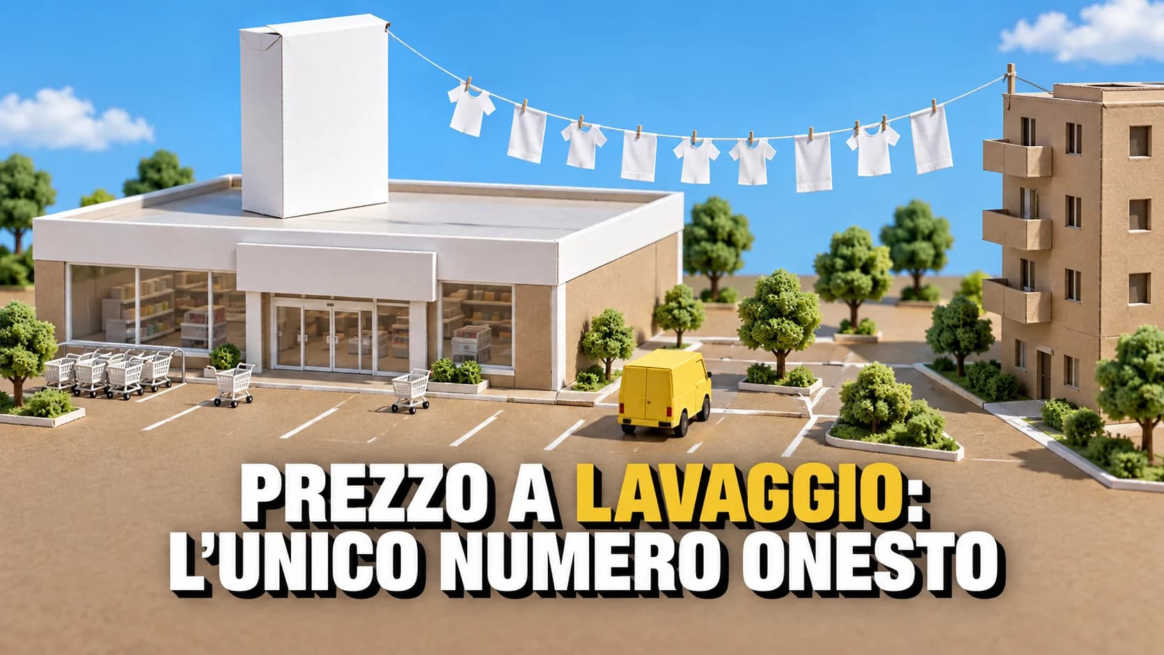 Modellino di cartone di un supermercato con insegna bianca e parcheggio, sul tetto una grande scatola di detersivo senza marchio e un filo con camicie di carta steso fino a un palazzo