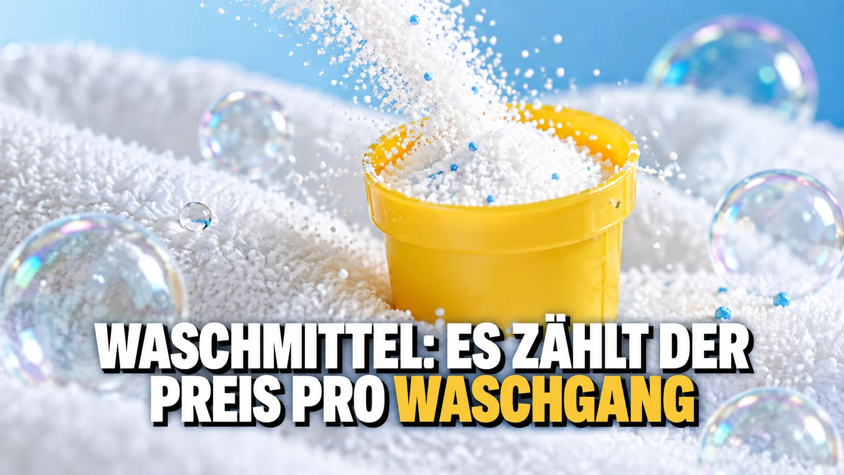 Waschpulver fällt in einen gelben Messbecher neben Seifenblasen und weisser Baumwolle.