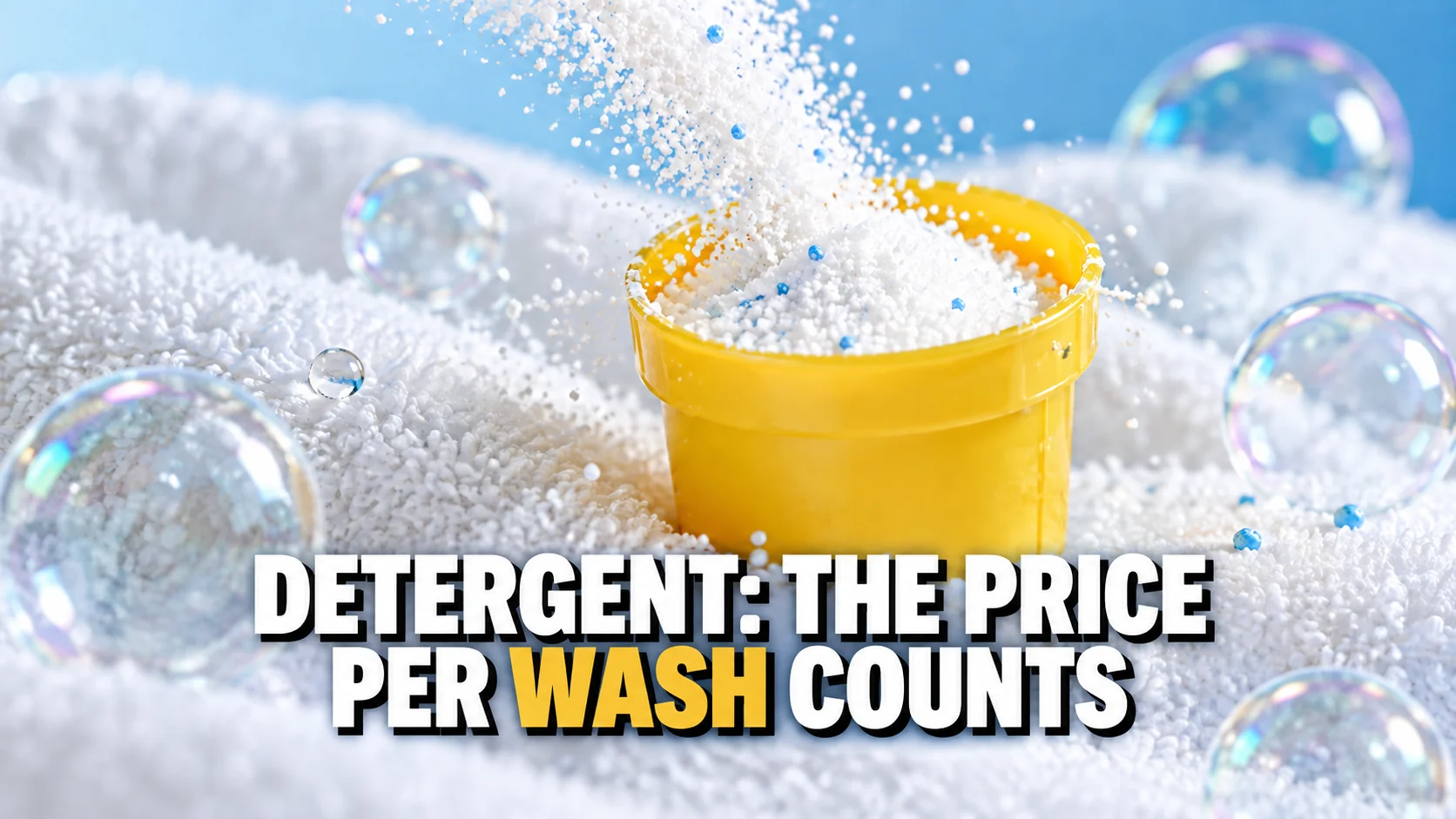 Laundry powder falls into a yellow scoop beside soap bubbles and white cotton.