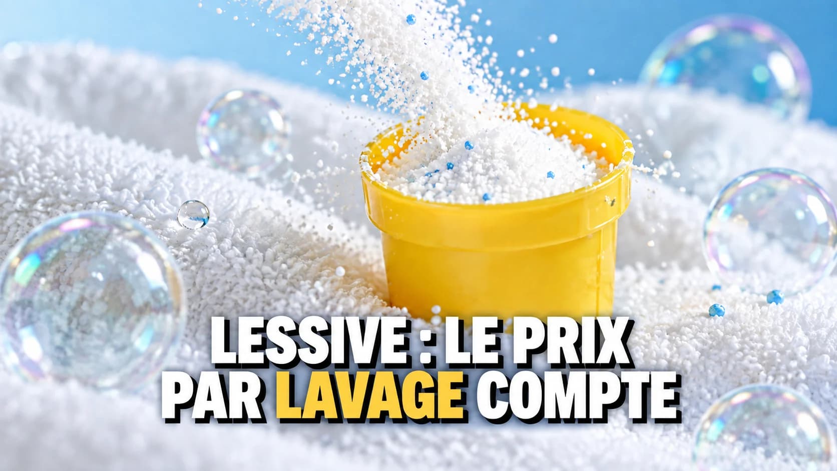 De la lessive en poudre tombe dans un doseur jaune près de bulles et de coton blanc.