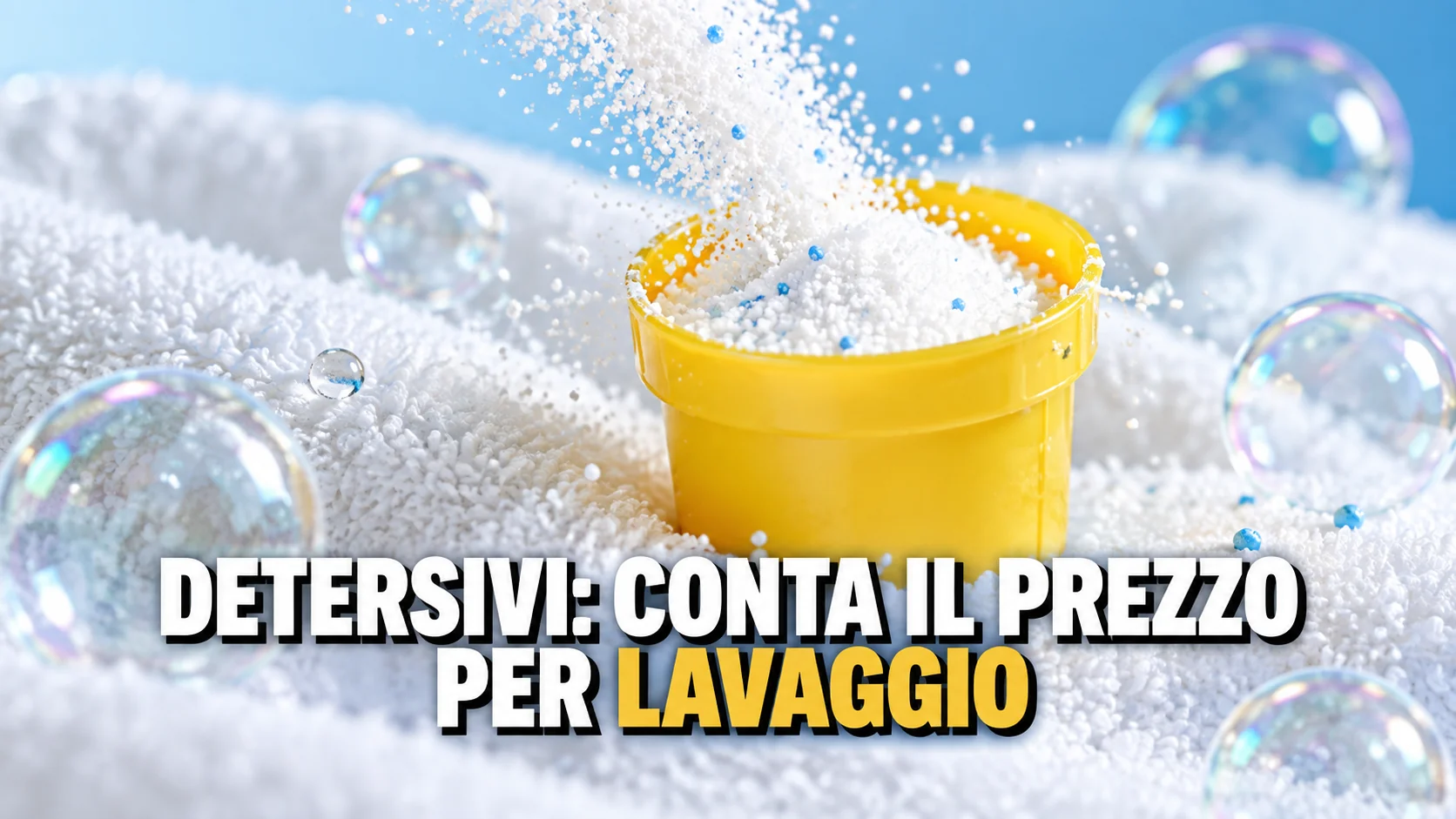 Macro di polvere per bucato che cade in un misurino giallo liscio, con bolle di sapone e una spugna di cotone bianco