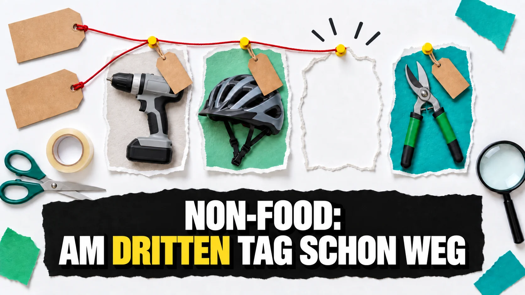 Papiercollage von Non-Food-Artikeln mit einer leeren ausgerissenen Stelle und gelber Reisszwecke.