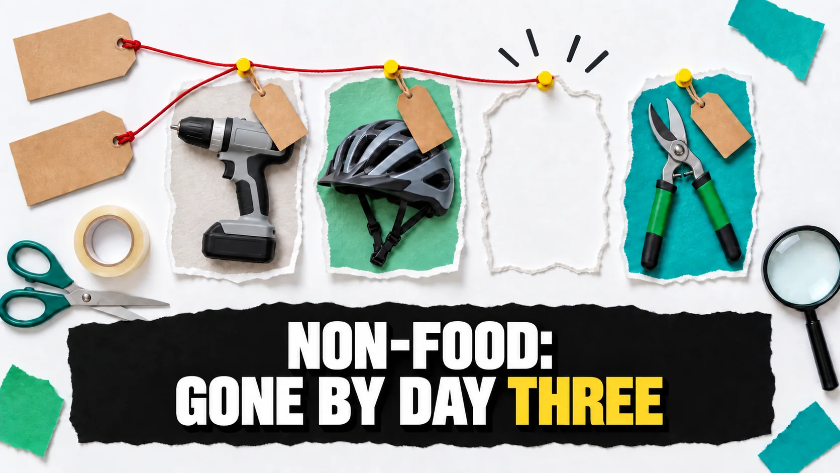 Paper collage of non-food items with an empty torn-out silhouette and yellow pin.