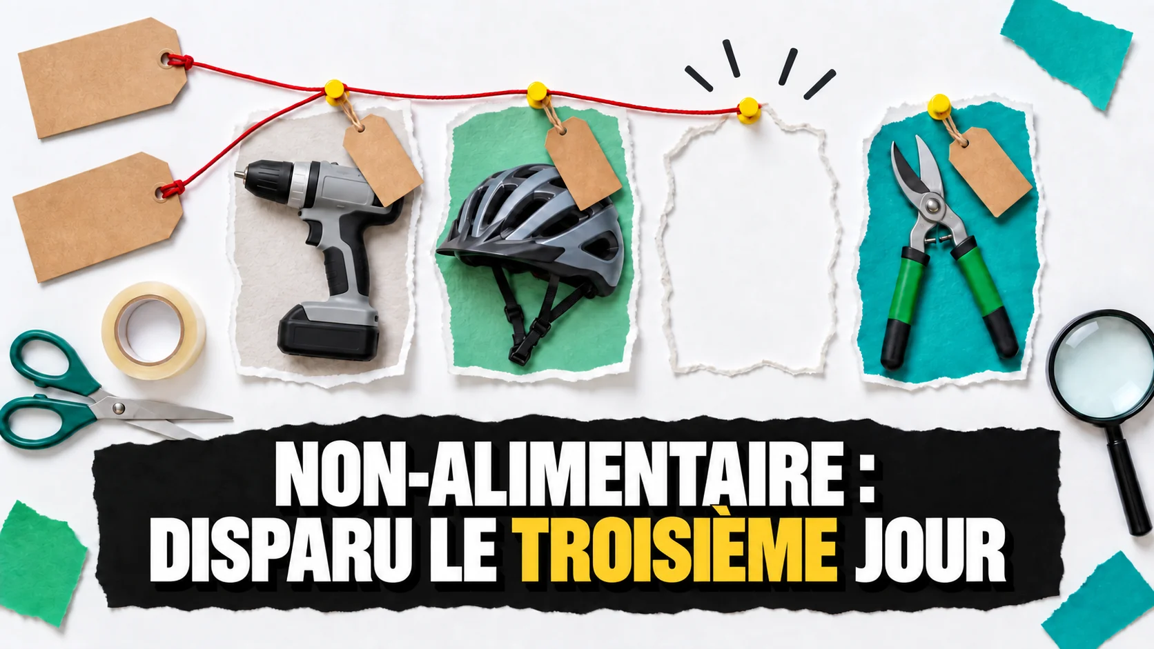 Collage d'articles non alimentaires avec une silhouette arrachée vide et une punaise jaune.