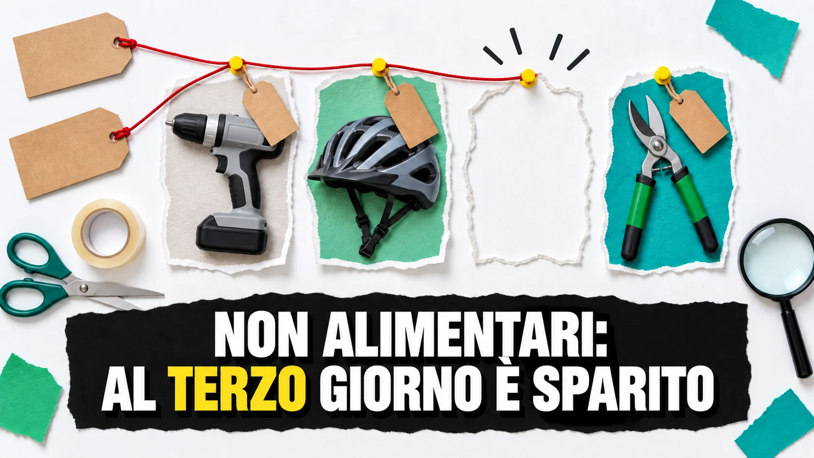 Collage su pannello bianco: quattro ritagli di oggetti non alimentari in fila, al terzo posto solo il contorno strappato vuoto e una puntina gialla