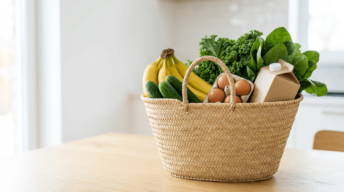 Affordable fresh organic groceries in a shopping basket