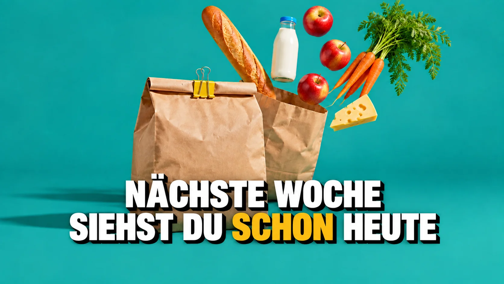 Stillleben zweier Papiertüten auf Türkis; aus der offenen Tüte schweben Lebensmittel heraus.