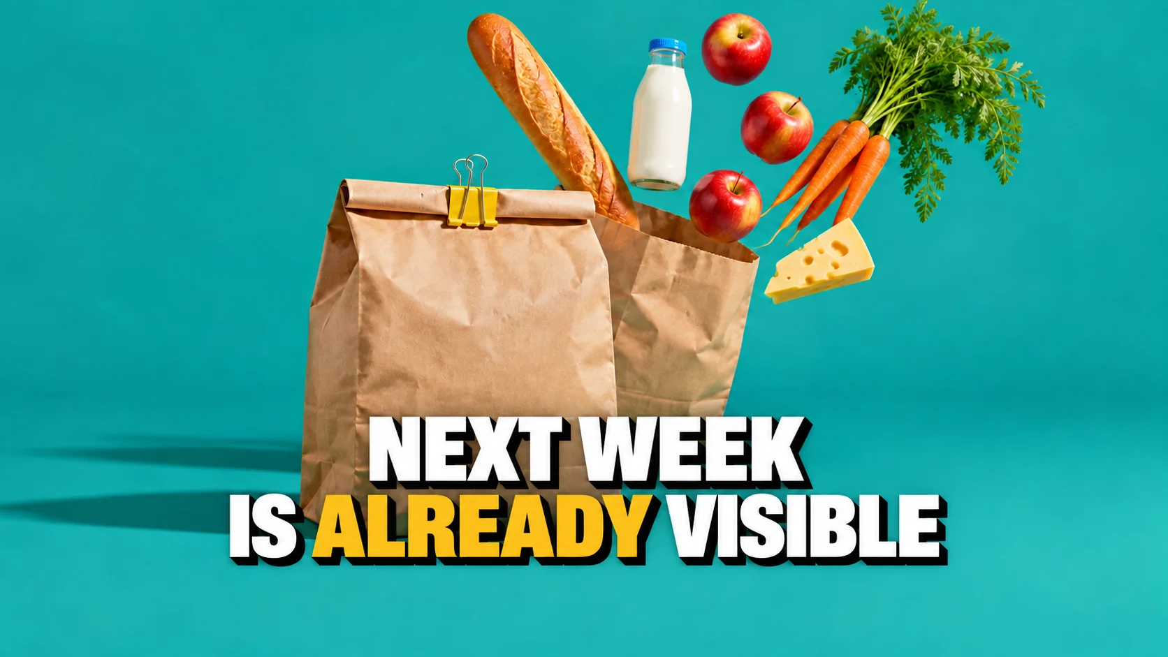Still life of two paper bags on turquoise, with groceries floating from the open bag.