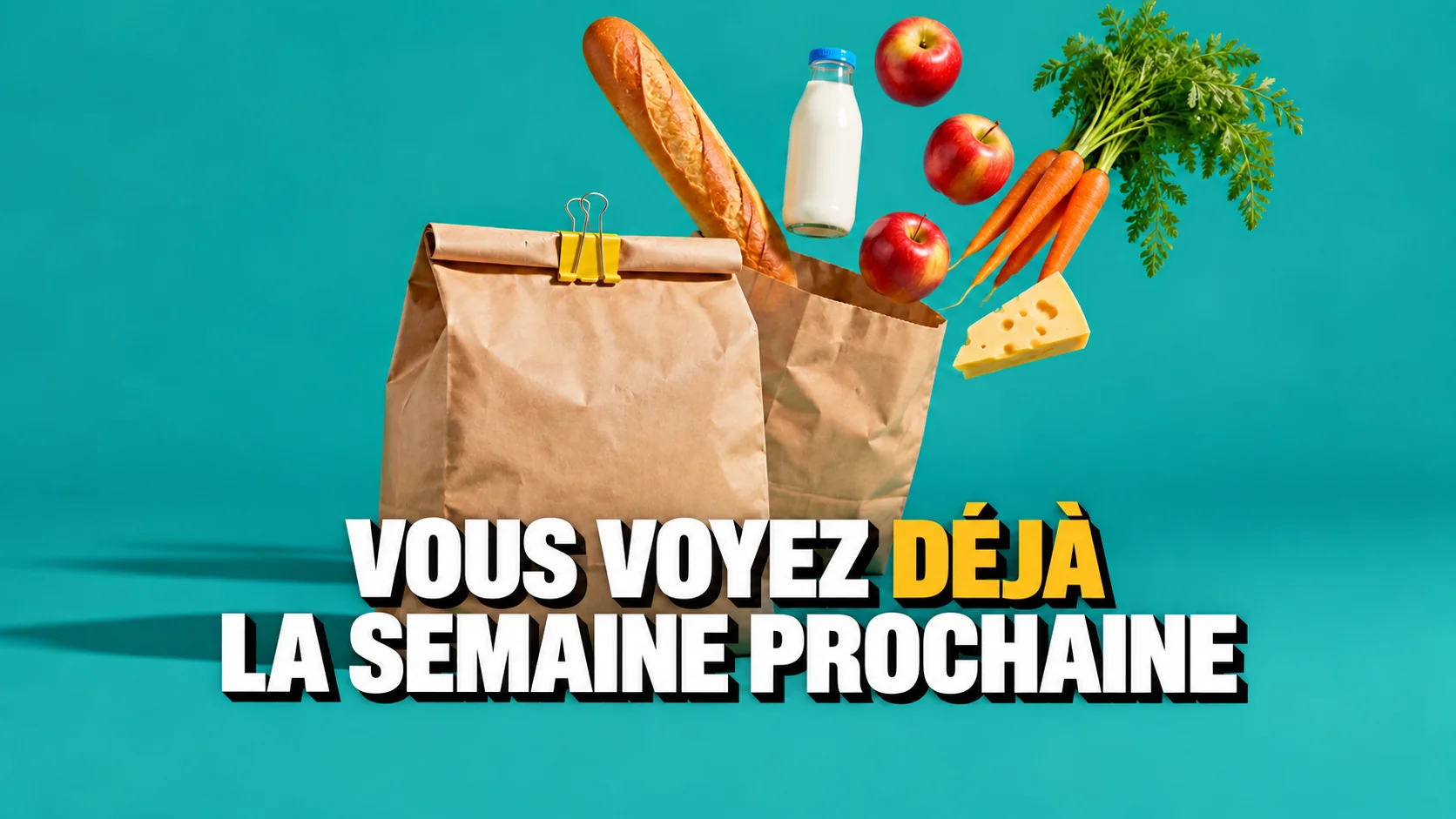 Nature morte de deux sacs sur fond turquoise, dont l’un libère des aliments en suspension.