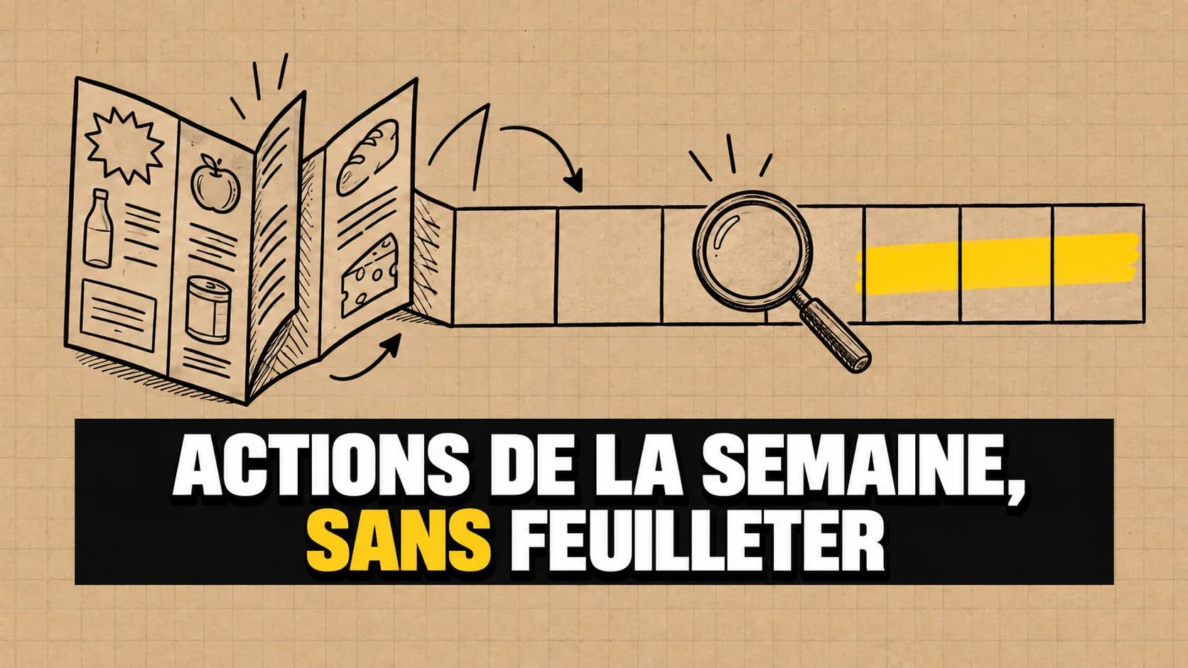 Prospectus dessiné à l’encre se dépliant en sept cases vierges avec surlignage jaune.
