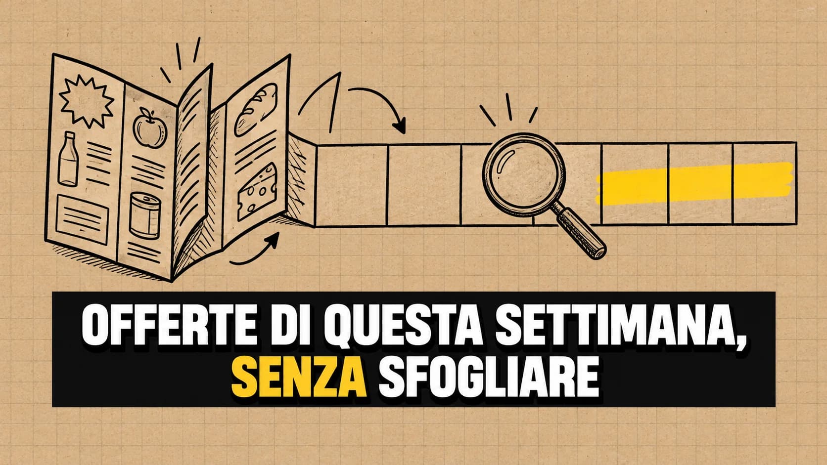 Disegno a inchiostro su carta kraft: un volantino piegato che si apre e diventa una striscia di sette caselle vuote, con un tratto giallo evidenziatore.