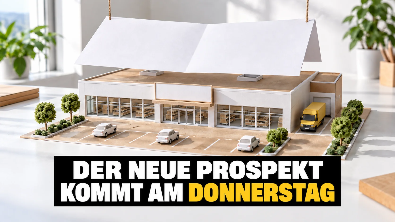 Supermarktmodell aus Karton mit einem leeren Faltblatt über dem Dach.