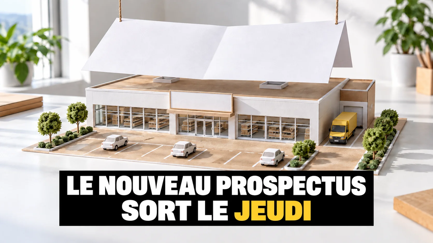 Supermarché miniature en carton avec un dépliant vierge suspendu au-dessus du toit.