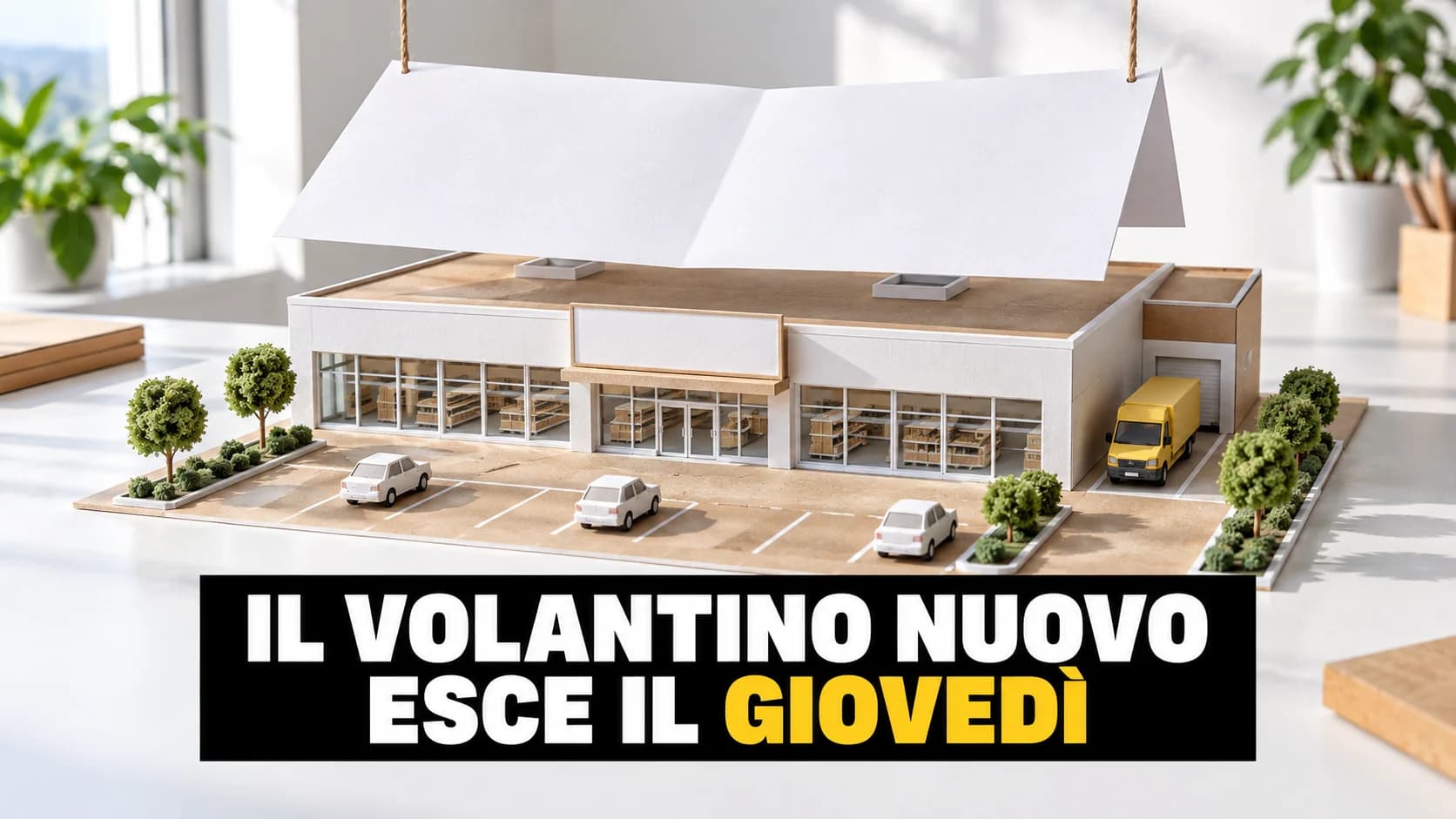 Modellino di cartone di un supermercato discount con un foglio bianco piegato come volantino calato sul tetto