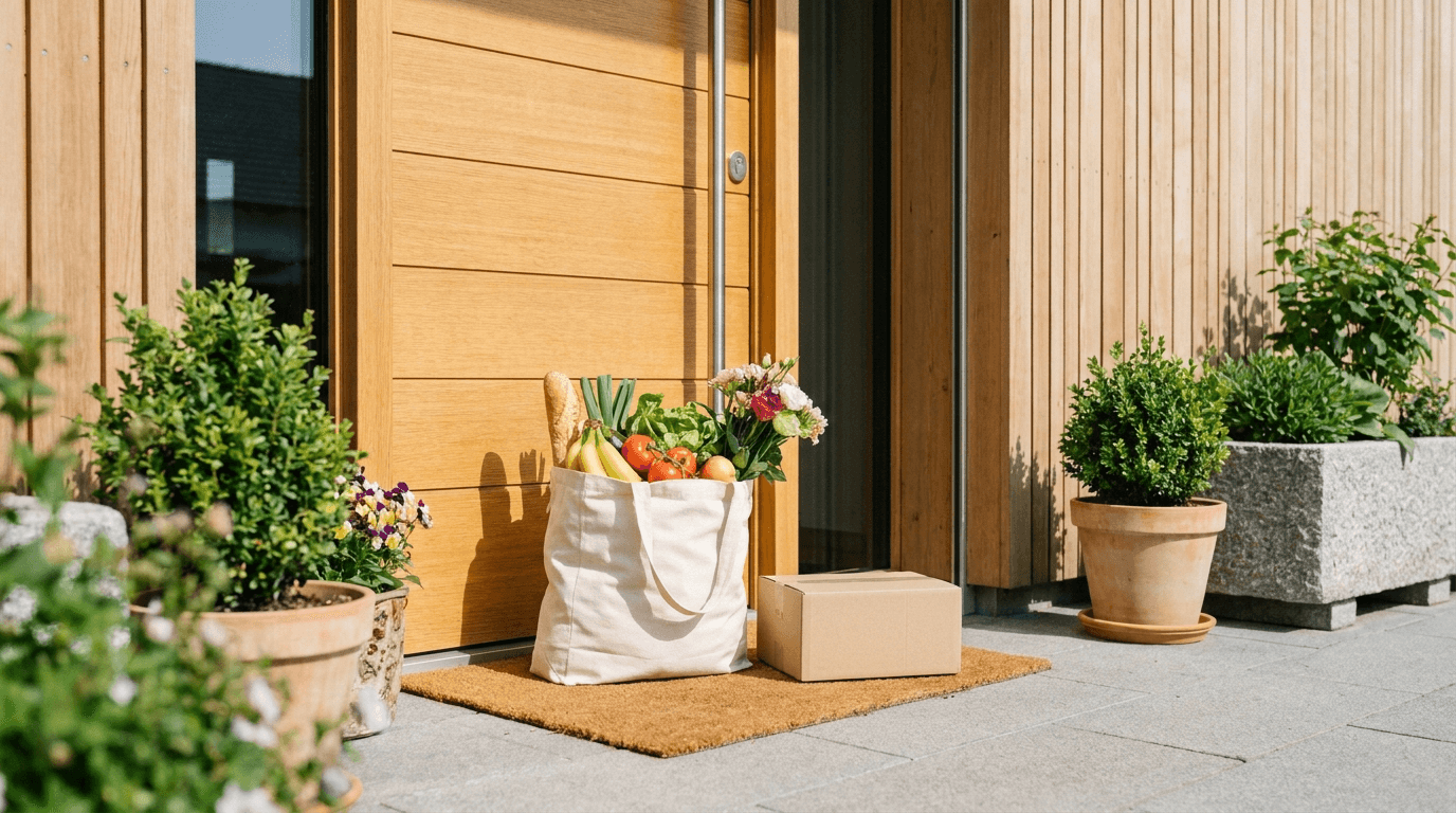 Swiss front doorstep with a shopping bag full of fresh groceries and a parcel