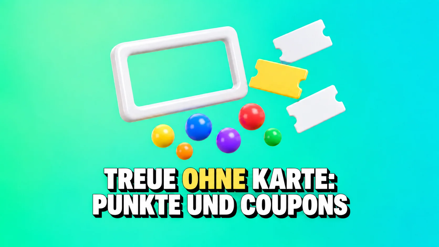 Leerer Kartenrahmen mit drei Tickets und kleinen Kugeln auf türkisem Grund.