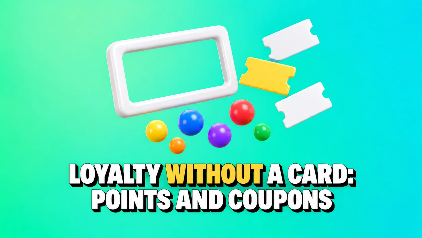 Empty card frame with three tickets and small spheres on a turquoise background.