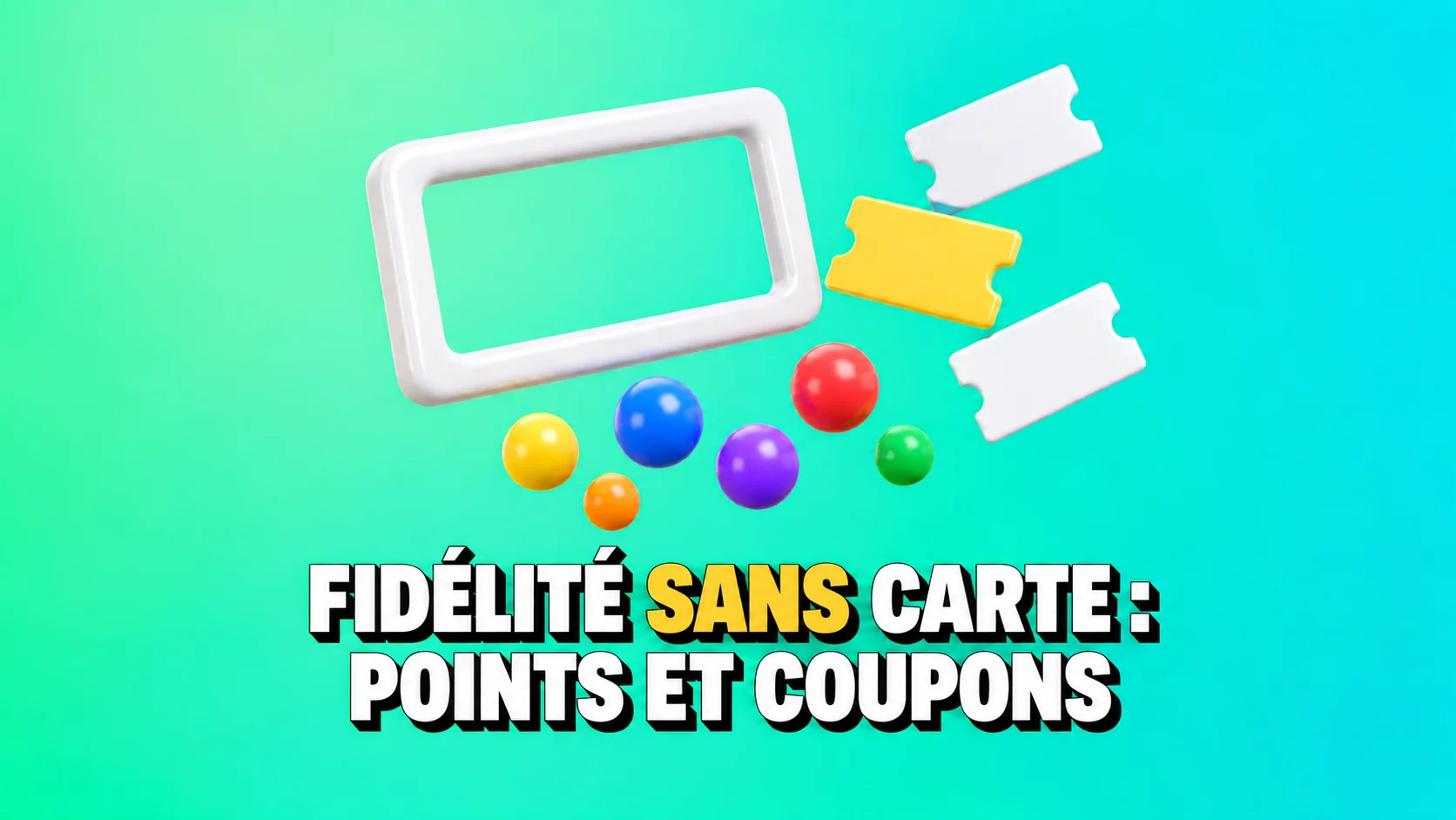 Cadre de carte vide avec trois billets et petites sphères sur fond turquoise.