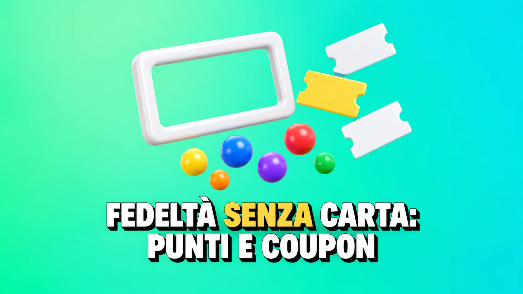 Cornice di tessera vuota con tre biglietti e piccole sfere su fondo turchese.