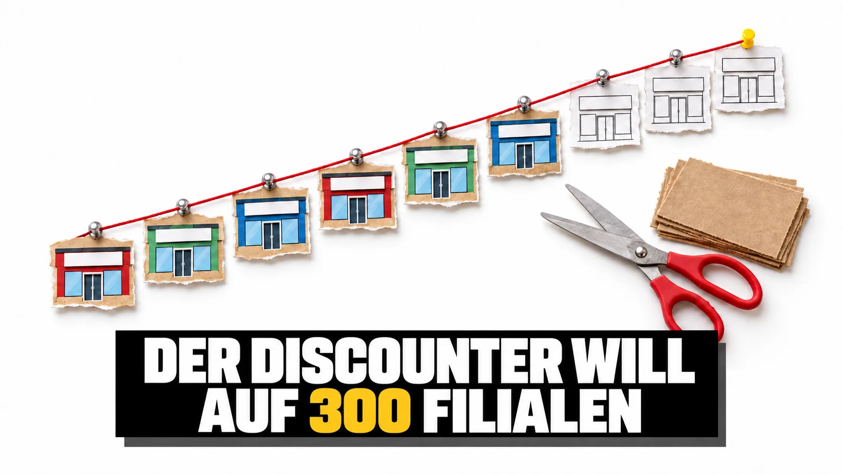 Papiercollage mit einer wachsenden Reihe ausgeschnittener Läden und rotem Faden.