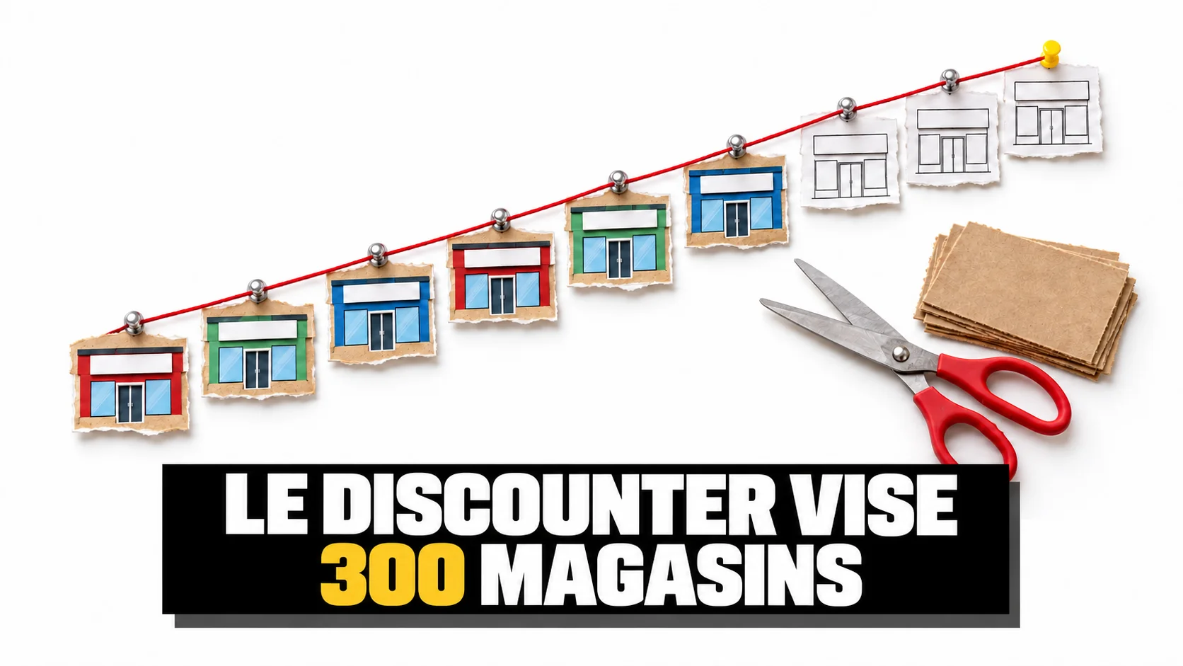Collage de papier avec une rangée croissante de magasins découpés et un fil rouge.