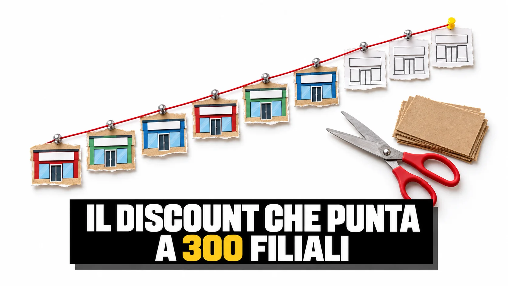 Collage di carta su una bacheca bianca con una fila crescente di negozi ritagliati, spilli gialli e filo rosso