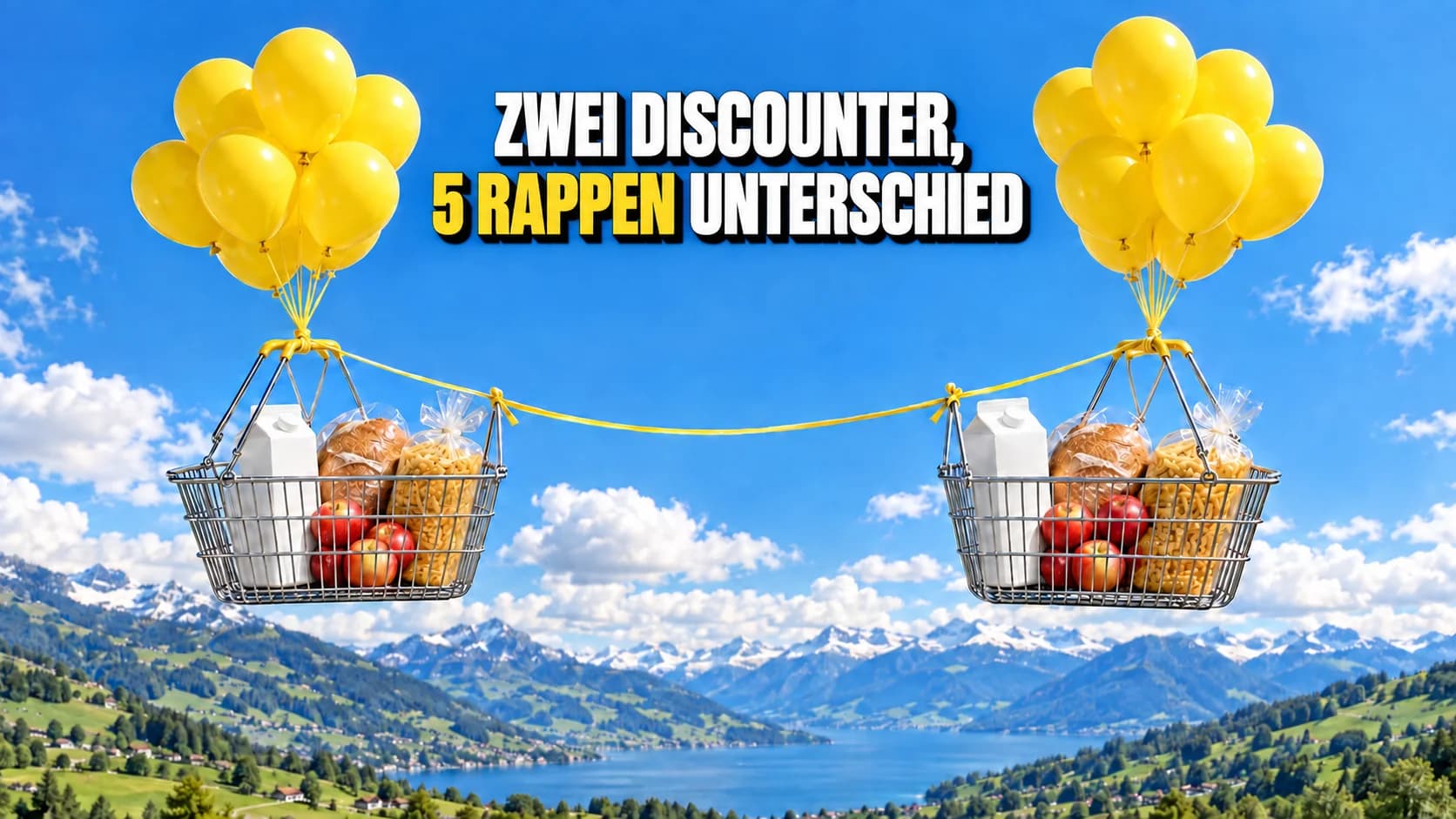 Zwei gleiche Einkaufskörbe schweben an gelben Ballons auf derselben Höhe.
