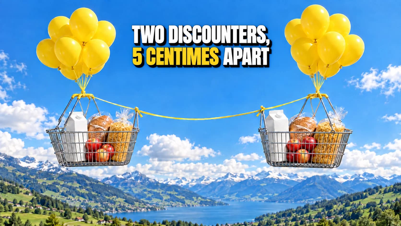 Two identical grocery baskets float at the same height beneath yellow balloons.