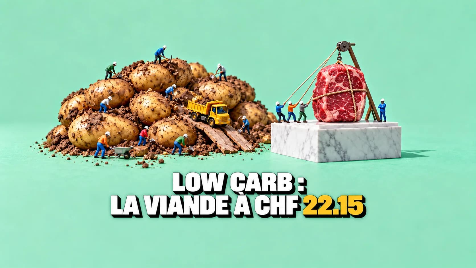 Scène miniature : de minuscules ouvriers creusent une montagne de pommes de terre géantes pendant que d’autres hissent un steak sur un socle en marbre.