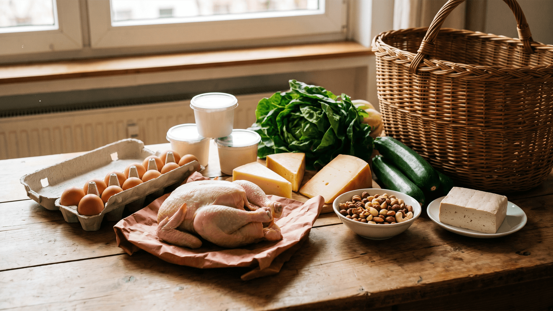 Kitchen table with eggs, chicken breast, hard cheese, quark, carrots and broccoli beside a till receipt and a phone – the building blocks of a low-carb shop in Switzerland.