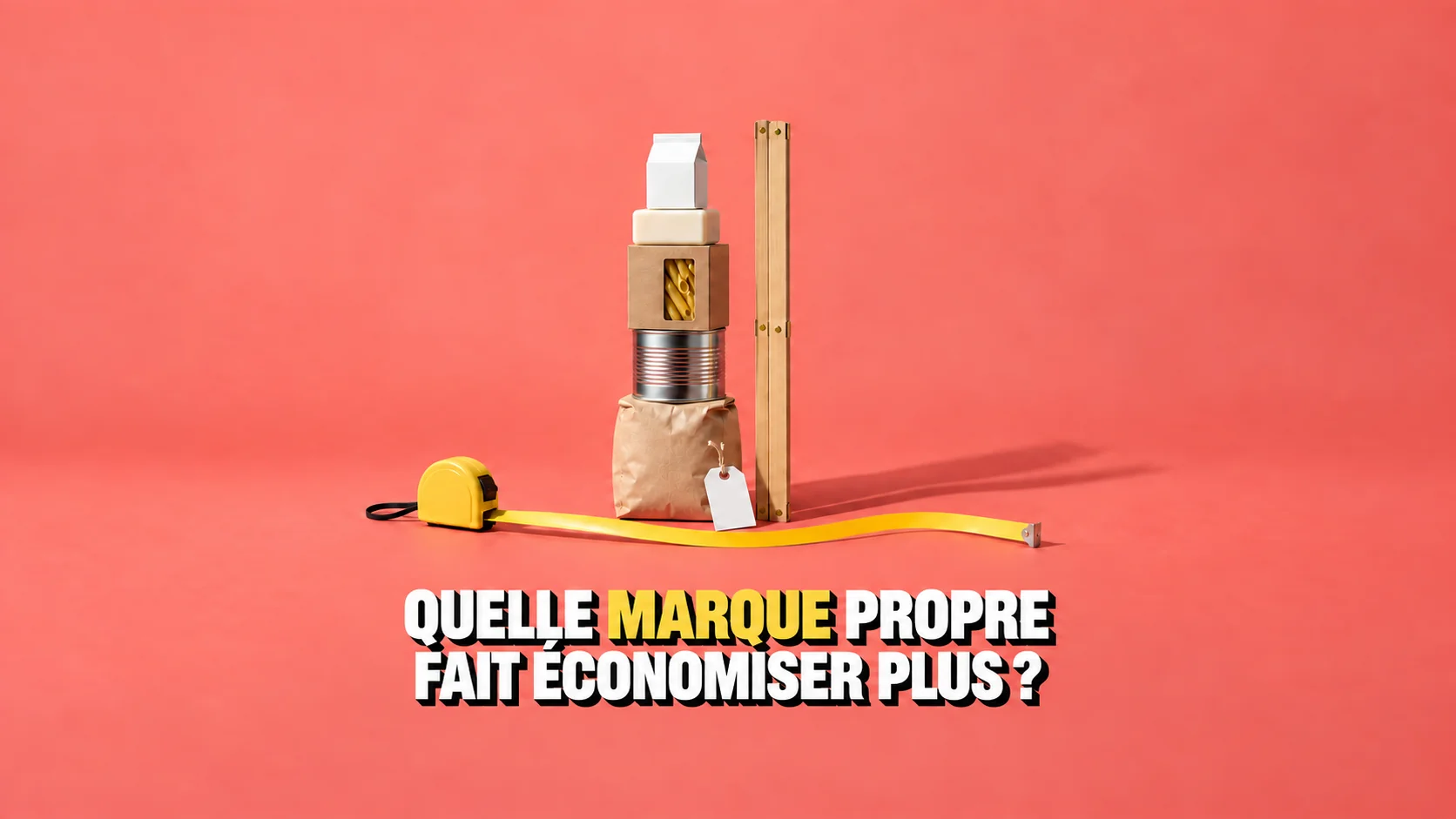 Tour de produits sans étiquette à côté d’un grand mètre pliant sans chiffres, sur fond corail