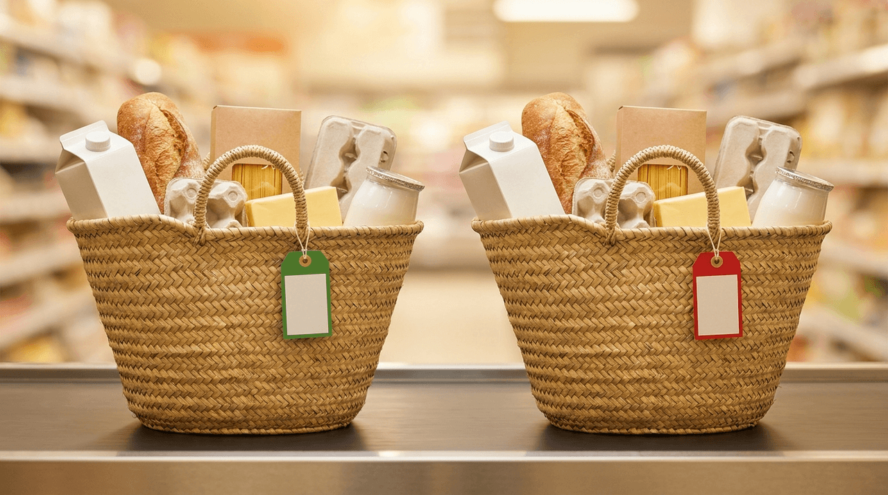 M-Budget vs Prix Garantie in Switzerland: two identical shopping baskets of everyday staples side by side, one tagged green, one tagged red, compared neutrally